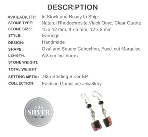 Gorgeous Natural Rhodochrosite, Black Onyx, Clear Quartz Gemstone .925 Silver Earrings - BELLADONNA