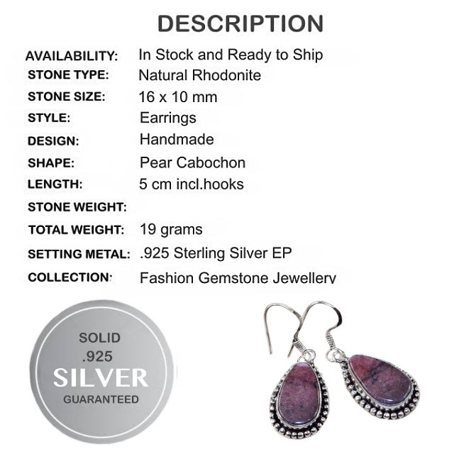 Natural Rhodonite Gemstone Pears .925 Sterling Silver Earrings - BELLADONNA
