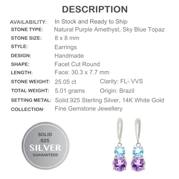 25.05 cts Authentic Purple Amethyst, Blue Topaz In Solid .925 Sterling Silver - February Birthstone - BELLADONNA