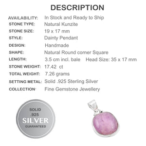 17.42 cts Natural Pink Kunzite Gemstone Solid .925 Silver Pendant - BELLADONNA