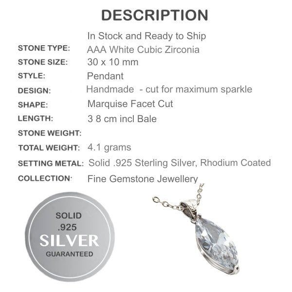 Marquise Shape AAA White Cubic Zirconia Pendant .925 Solid Sterling Silver - BELLADONNA