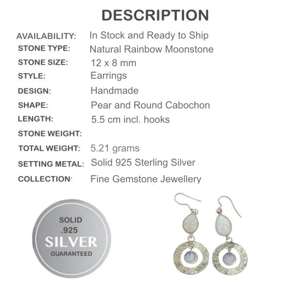 6.77 ct Natural Rainbow Moonstone Gemstone Solid .925 Silver Earrings - BELLADONNA