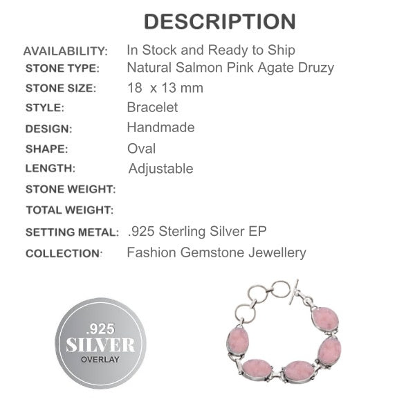 Natural Dusty Pink Agate Druzy Gemstone .925 Silver Bracelet - BELLADONNA