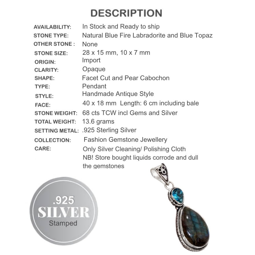 Natural Blue Fire Labradorite and Topaz Gemstone .925 Sterling Silver Pendant - BELLADONNA