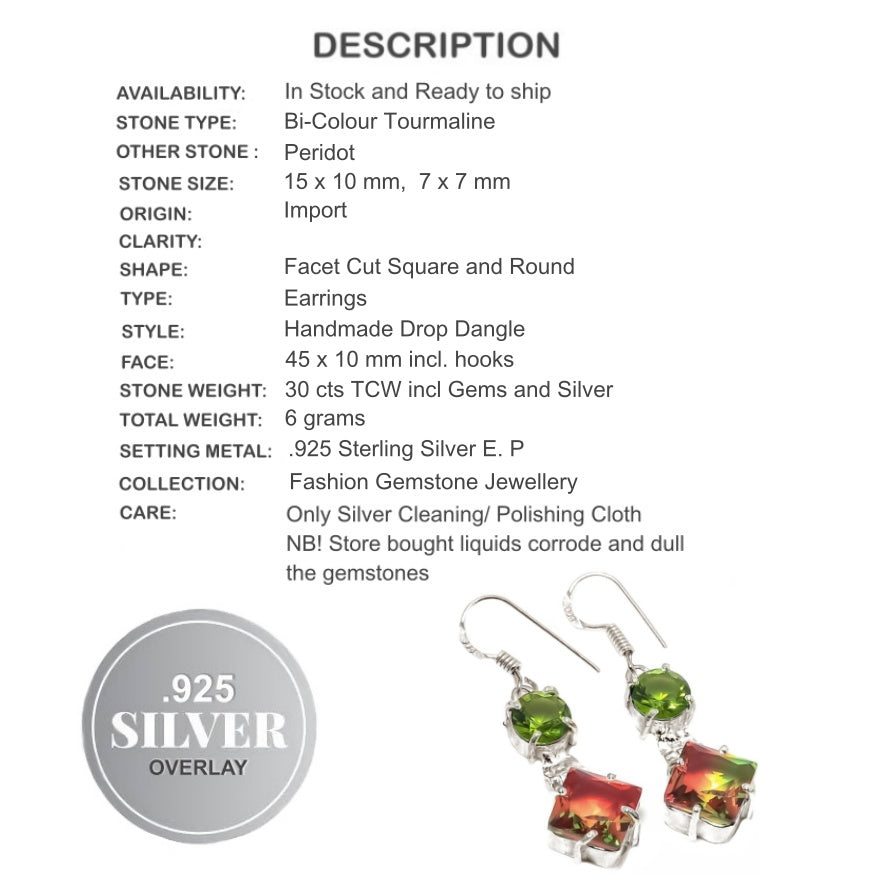 Bi-Colour Tourmaline , Peridot Gemstone .925 Silver Earrings - BELLADONNA
