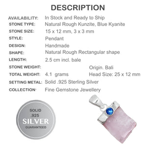 Natural Pink Kunzite and Kyanite Gemstone Solid .925 Silver Pendant - BELLADONNA