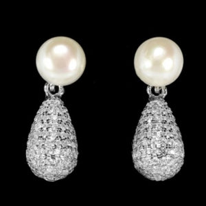 Natural White Pearl, C/Zirconia Solid .925 S/ Silver Pendant & Earrings - BELLADONNA