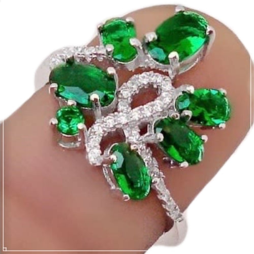 Russian Nano Emerald , White Topaz Solid .925 Sterling Silver Size 7 - BELLADONNA