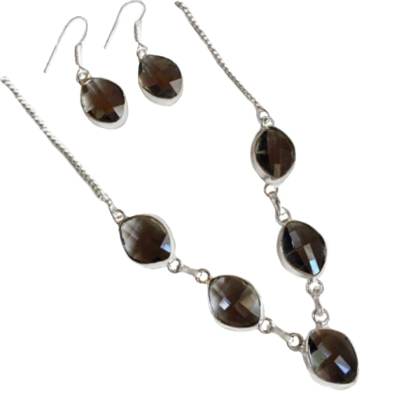 Faceted Black Spinel Gemstone .925 Silver Necklace And Earrings Set - BELLADONNA