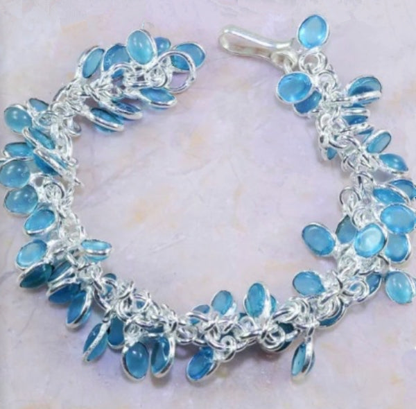 Handmade Faceted Blue Quartz Gemstone .925 Sterling Silver Cluster Bracelet - BELLADONNA