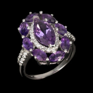 Natural Unheated Purple Amethyst,White Cz Solid .925 Silver Ring Size 8 - BELLADONNA