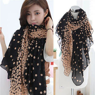 Two Tone Black and Camel Brown With Dot Motif Scarf Wrap - BELLADONNA