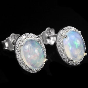 Captivating 8 x 6 mm Natural Unheated Rainbow White Fire Opal  Solid .925 Silver Earrings - BELLADONNA