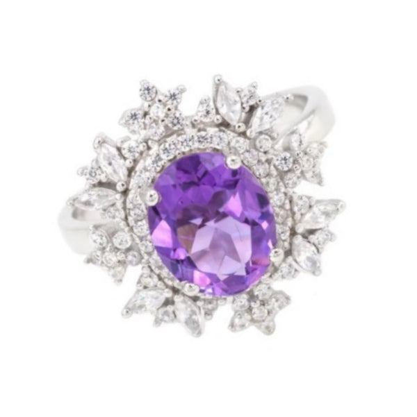 Brazilian AAA Natural Purple Amethyst, White Cz Solid .925 Silver Ring Size 7 - BELLADONNA