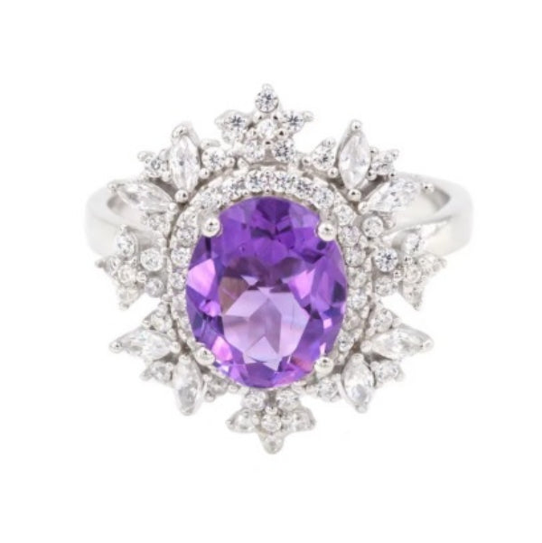 Brazilian AAA Natural Purple Amethyst, White Cz Solid .925 Silver Ring Size 7 - BELLADONNA