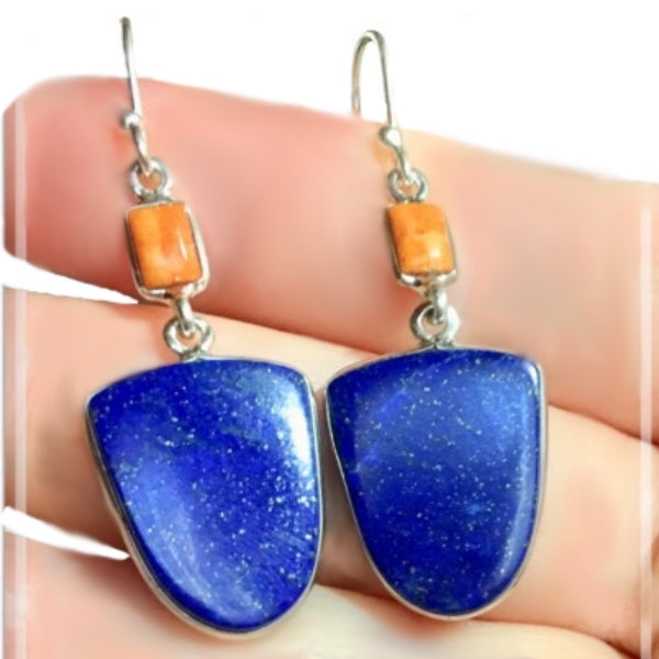 Natural Lapis Lazuli, Italian Coral Turquoise  Gemstone Solid .925 Silver Earrings - BELLADONNA