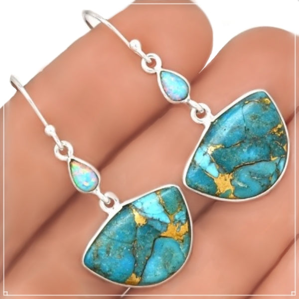 Eye -catching Natural Copper Turquoise, Fire Opal Gemstone .925 Sterling Silver Earrings - BELLADONNA