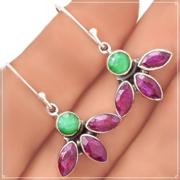 Faceted Red Ruby Emerald Marquise Gemstone Solid .925 Sterling Silver Earrings - BELLADONNA