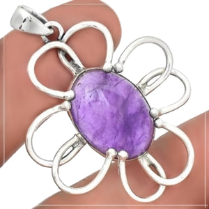 Whimsical Floral Purple Amethyst Gemstone Solid .925 Silver Pendant - BELLADONNA