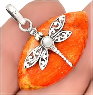 Dragonfly Natural Marquise Cut Coral, Pearl Solid .925 Sterling Silver Pendant - BELLADONNA
