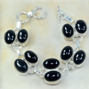 Handmade Double Row Natural Faceted Black Onyx Gemstone .925 Silver Bracelet - BELLADONNA