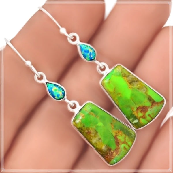 Natural Mohave Green Turquoise, Fire Opal Earrings Solid .925 Sterling Silver - BELLADONNA