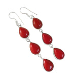 Gorgeous Long Red Coral Pear Shape Gemstone .925 Silver Earrings - BELLADONNA