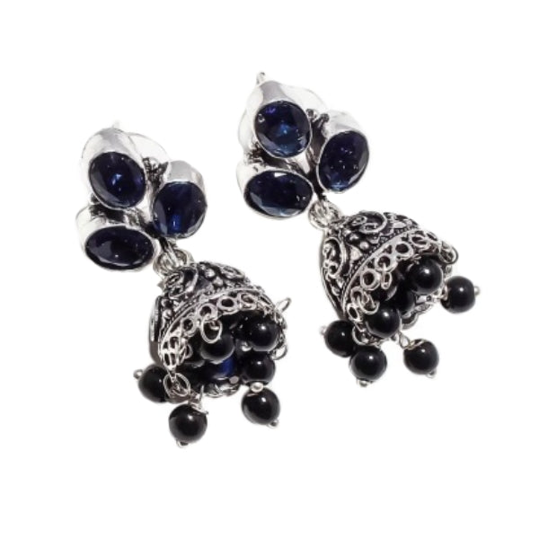 Handmade Sapphire, Black Onyx (Jhumki) Gemstone Silver Stud Earrings - BELLADONNA