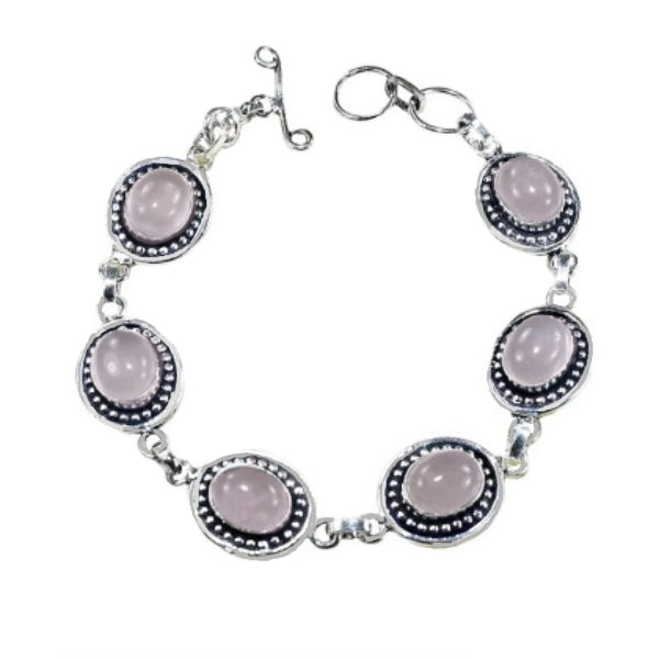 Antique Style Natural Soft Pink Rose Quartz Gemstone .925 Silver Bracelet - BELLADONNA