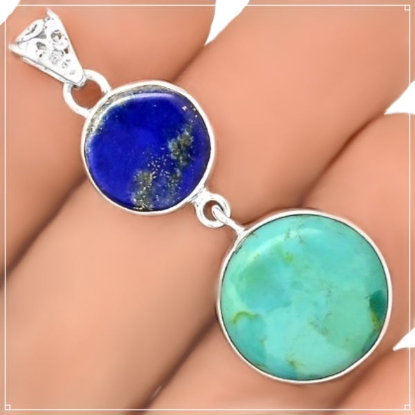 Natural Sleeping Beauty Turquoise, Lapis Lazuli Solid .925 Sterling Silver Pendant - BELLADONNA