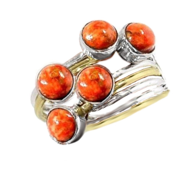 Captivating Two Tone Natural Coral Solid .925 Sterling Silver Stacking Ring Size 6.5 - BELLADONNA