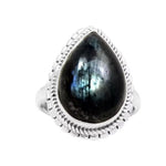 Night Sky Natural Larvikite Black Moonstone Gemstone Solid .925 Sterling Silver Ring Size 6/ M - BELLADONNA