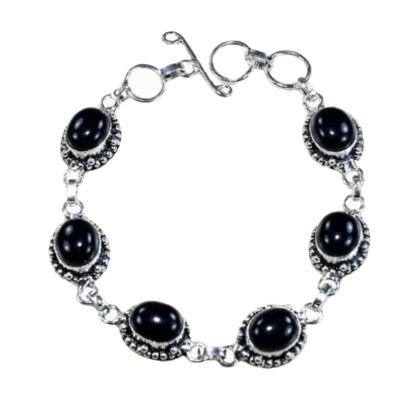 Handmade Natural Black Onyx Oval Gemstone .925 Silver Bracelet - BELLADONNA