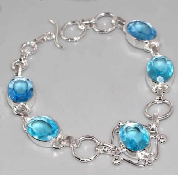 Handmade Faceted Blue Quartz Gemstone .925 Sterling Silver Bracelet - BELLADONNA