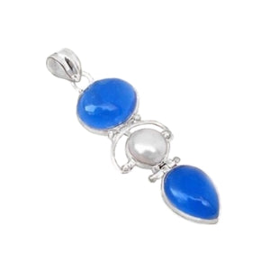 10.16cts Natural Blue Chalcedony, Pearl Solid .925 Sterling Silver Pendant - BELLADONNA