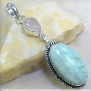 Handmade Natural Aquamarine, Rose Quartz Gemstone .925 Sterling Silver Pendant - BELLADONNA