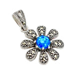 Petite Floral Blue Fire Opal Marcasite Solid.925 Sterling Silver Pendant - BELLADONNA