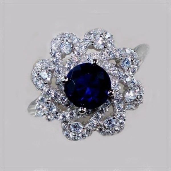 Blue Sapphire , White Topaz Floral Setting Solid.925 Sterling Silver Ring Size 8 - BELLADONNA