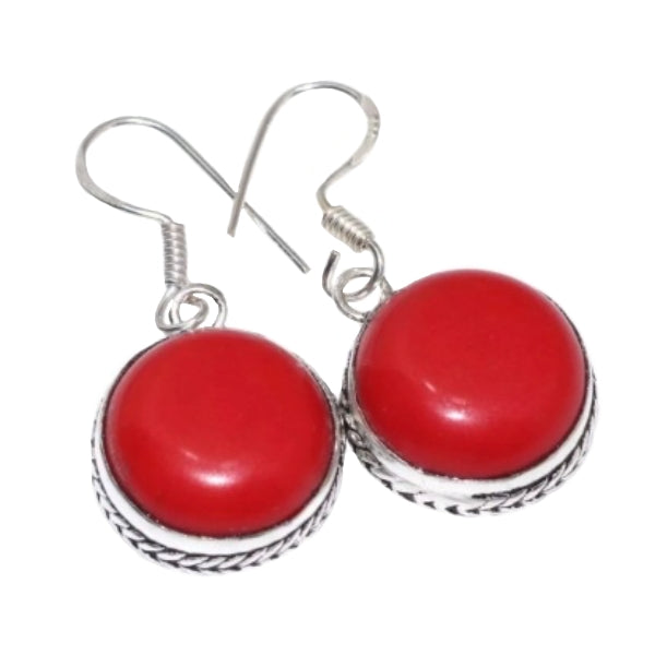 Round Red Coral Gemstone .925 Silver Earrings - BELLADONNA