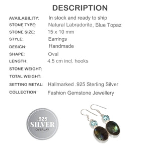 Natural Fiery Labradorite, Blue Topaz Gemstone .925 Silver Pendant - BELLADONNA