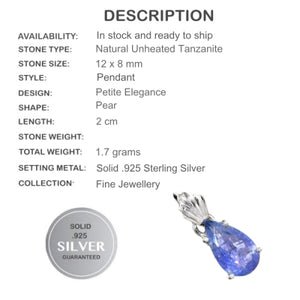 Natural Unheated Tanzanite Pear Gemstone Solid .925 Silver Pendant - BELLADONNA