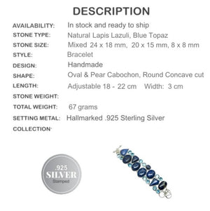 Natural Lapis Lazuli, Blue Topaz Gemstone .925 Silver Bracelet - BELLADONNA