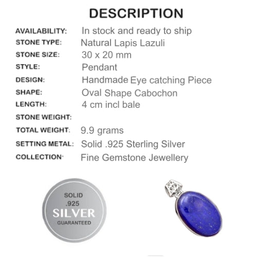 Natural Lapis Lazuli Gemstone Solid .925 Sterling Silver Pendant - BELLADONNA