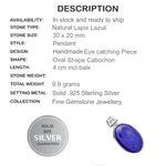 Natural Lapis Lazuli Gemstone Solid .925 Sterling Silver Pendant - BELLADONNA