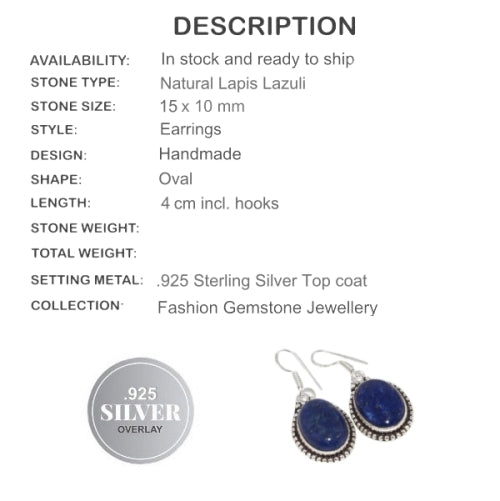 Natural Lapis Lazuli Oval Gemstone .925 Silver Earrings - BELLADONNA