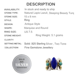 Two Tone Natural Lapis Lazuli, Sleeping Beauty Turquoise Gemstone Solid .925 Silver Ring Size 7.5 - BELLADONNA