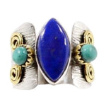 Two Tone Natural Lapis Lazuli, Sleeping Beauty Turquoise Gemstone Solid .925 Silver Ring Size 7.5 - BELLADONNA