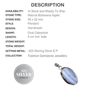Natural Blue Lace Botswana Agate Gemstone .925 Silver Pendant - BELLADONNA