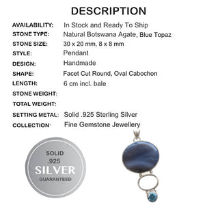 Natural Blue Grey Botswana Agate and Blue Topaz Gemstone set in Solid 925 Sterling Silver Pendant - BELLADONNA