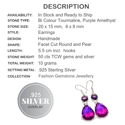 Bi-Colour Tourmaline , Amethyst Gemstone .925 Silver Earrings - BELLADONNA